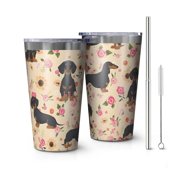 16oz Tumblers Dachshund and Flower Stainless Steel Vacuum Insulated Double Wall Travel Tumbler Cups Mug with Lid and Straw,Cleaning Brush for Coffee,Tea