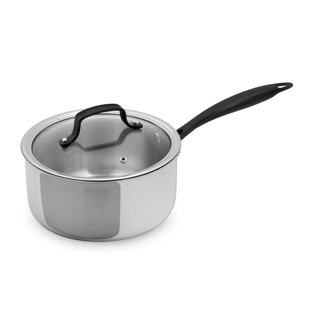 Grandties Sartén De Acero Inoxidable De Tres Capas Con Revestimiento Completo, Utensilios De Cocina De Inducción, Olla De Acero Inoxidable De 3 Cuartos De Galón, Asas De Metal Negro Marquina, Olla De
