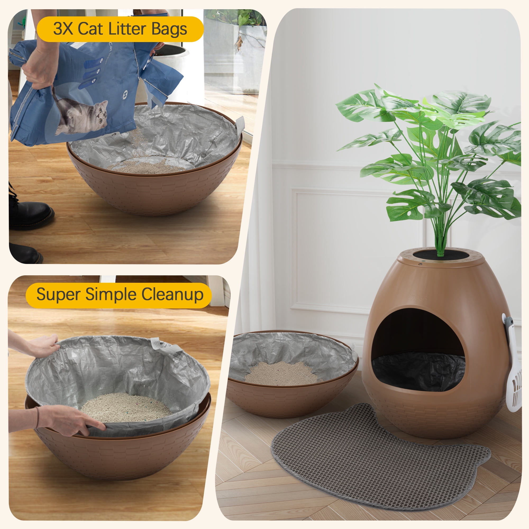 Jaxpety Large Smart Plant Litter Box with Deodorization System, Artificial Plants,5 Cat Litter Bags,Light,Cat Litter Mat,Scoop,Brown