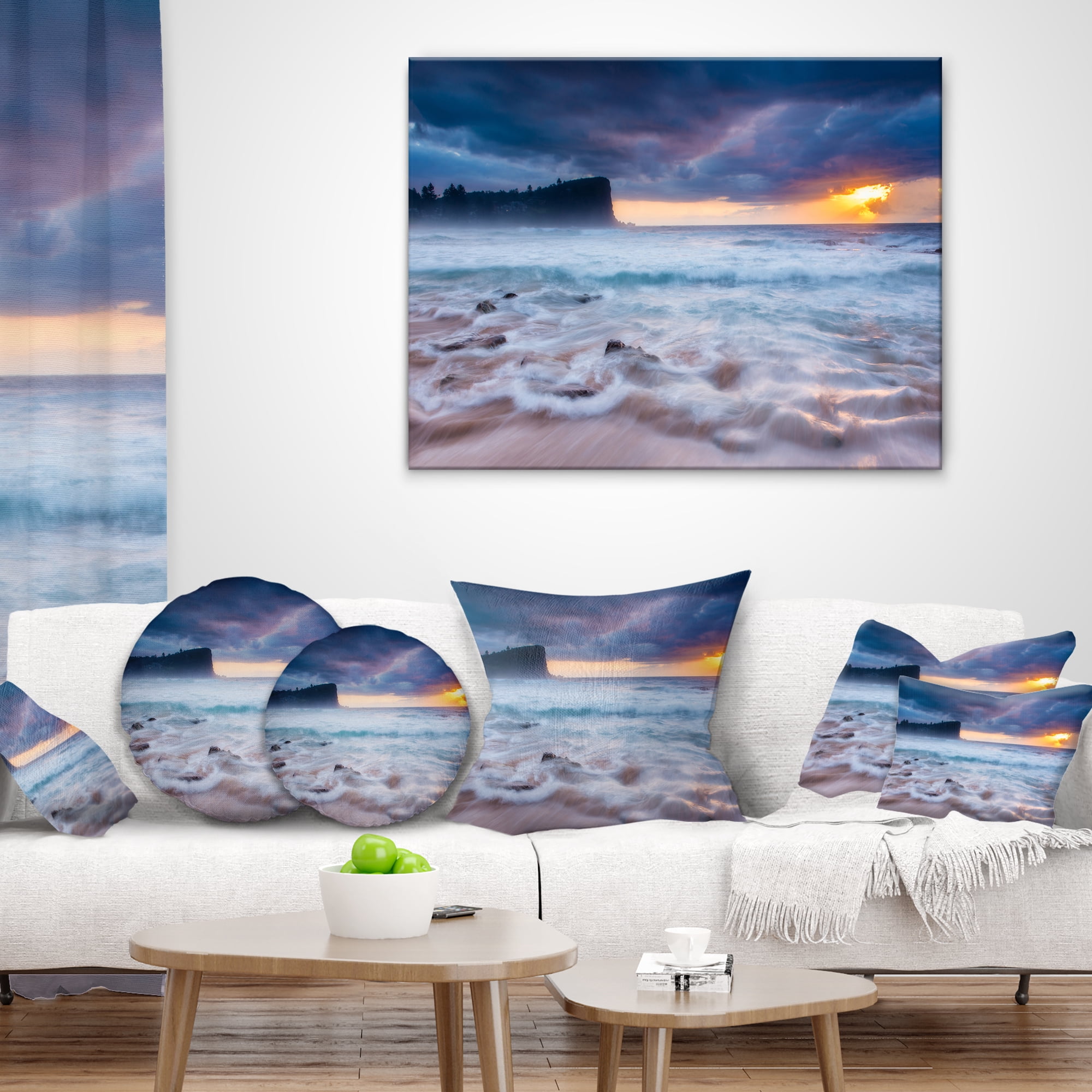 Designart Incredible Sunset with White Waves - Seashore Throw Pillow - 16x16