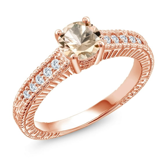 Gem Stone King 18K Rose Gold Plated Silver Ring Round Peach Morganite and Moissanite (0.75 Cttw, Size 9)