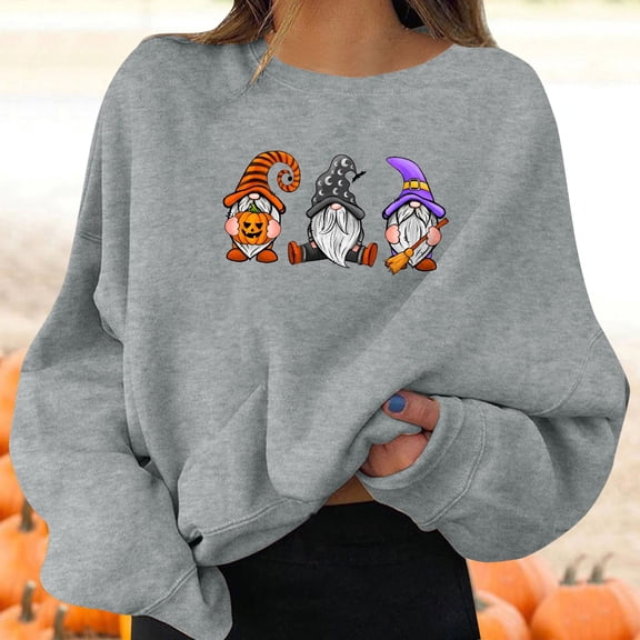 Women's Casual Crew Neck Sweatshirt Halloween Three Pumpkin Broom Graphic Pullover Vintage Streetwear Top Fall Winter Oversized Sweatshirts Grey M