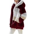 thumbnail image 4 of WREESH Womens Fuzzy Fleece Jacket Color Block Zipper Hooded Jacket Winter Thick Plush Warm Outerwear Wine, 4 of 6