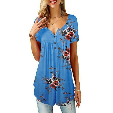 

Binwwede Womens Casual Tops V Neck T-Shirts Floral Swing Tunic Button up Short Sleeve Loose Blouse Summer Clothes MHX