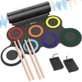 thumbnail image 1 of IWORD Juego de batería electrónica, almohadilla de práctica de batería enrollable, kit de batería midi con conector para auriculares, altavoz incorporado, pedales de batería, baquetas, 10 horas de tie, 1 of 5