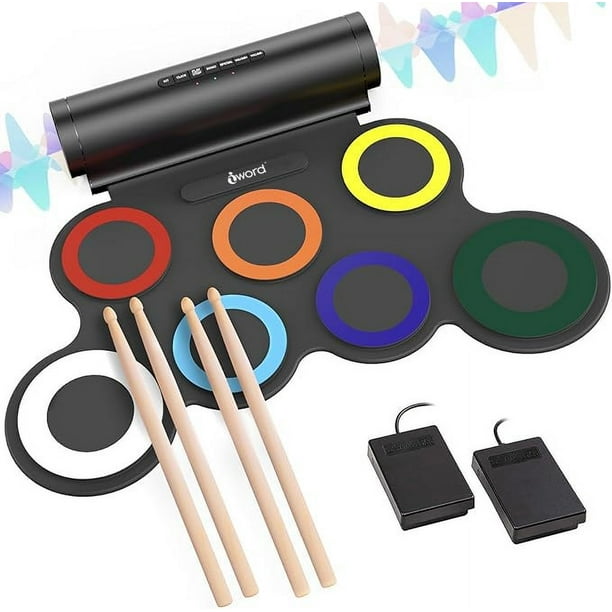 IWORD Juego de batería electrónica, almohadilla de práctica de batería enrollable, kit de batería midi con conector para auriculares, altavoz incorporado, pedales de batería, baquetas, 10 horas de tie