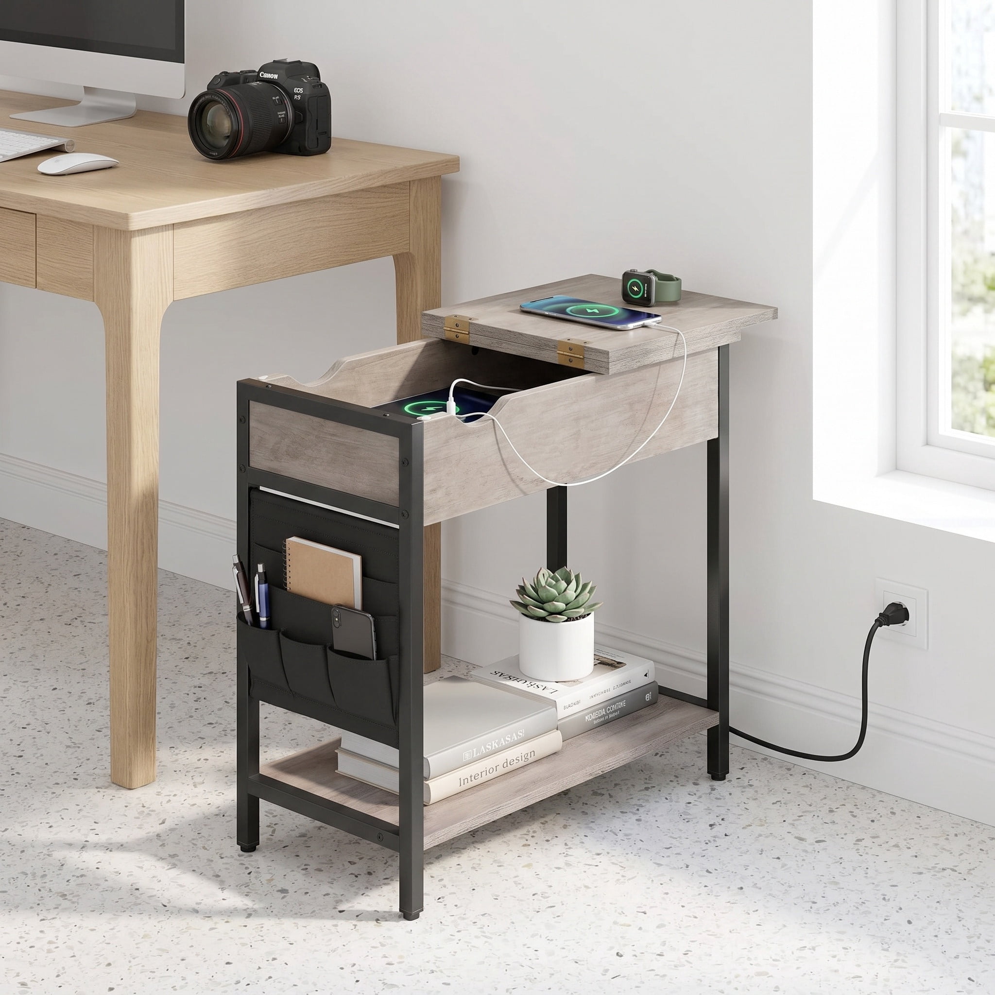 Greige and Black Industrial Side Table with Built-In Charging Station, USB Ports, and Side Fabric Storage Pockets