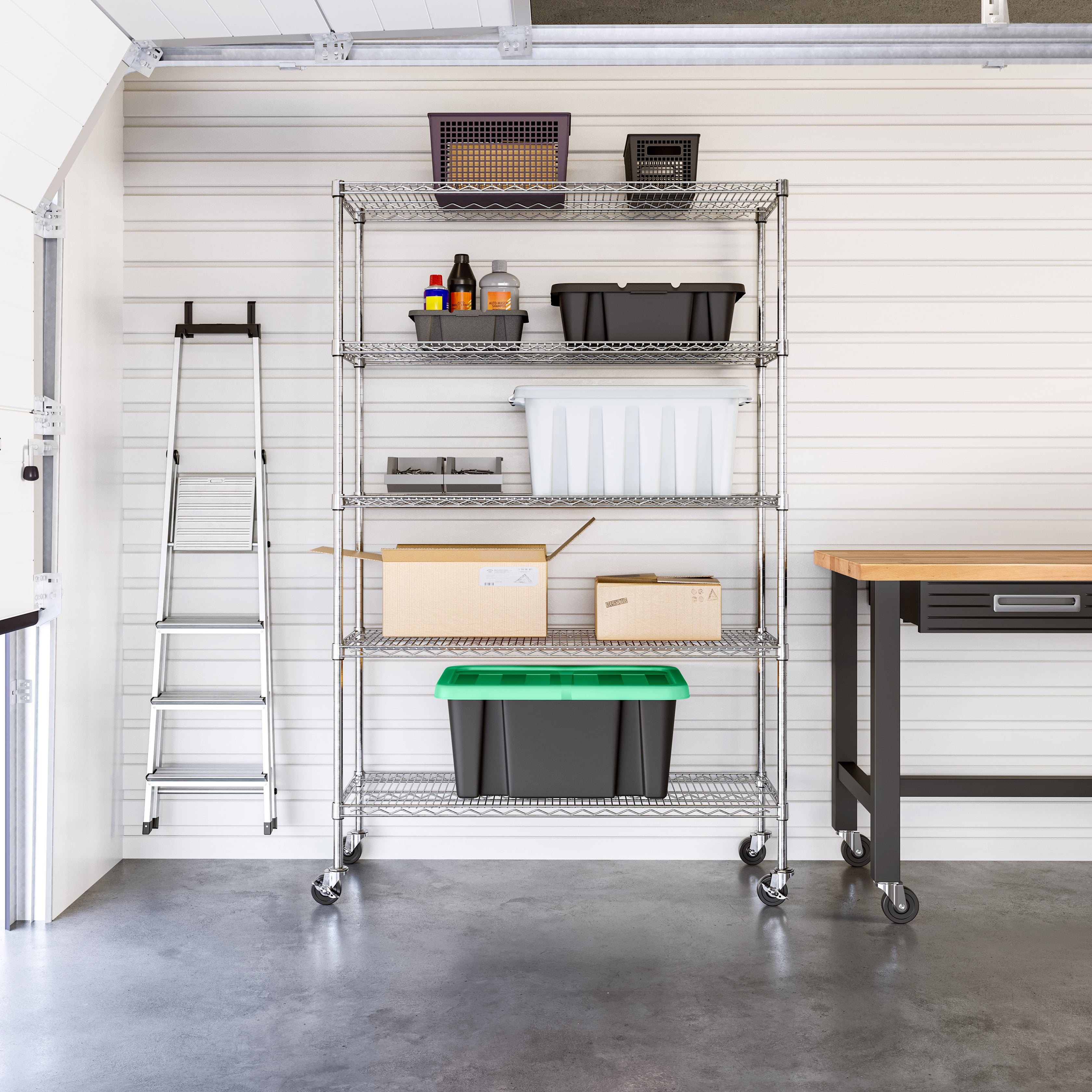 Seville Classics UltraDurable Commercial-Grade 5-Tier NSF-Certified Steel Wire Shelving with Wheels, 48" x 18", Chrome