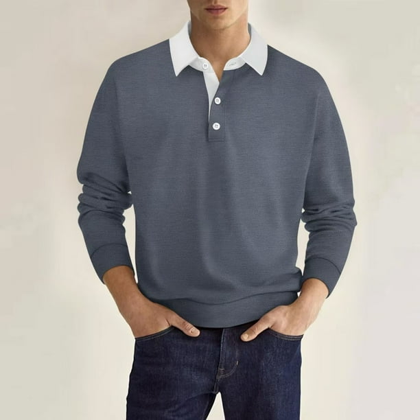 Blusa y camisa de manga larga con cuello vuelto para hombre, blusa de color liso con botones y solapa, blusa de poliéster para hombre