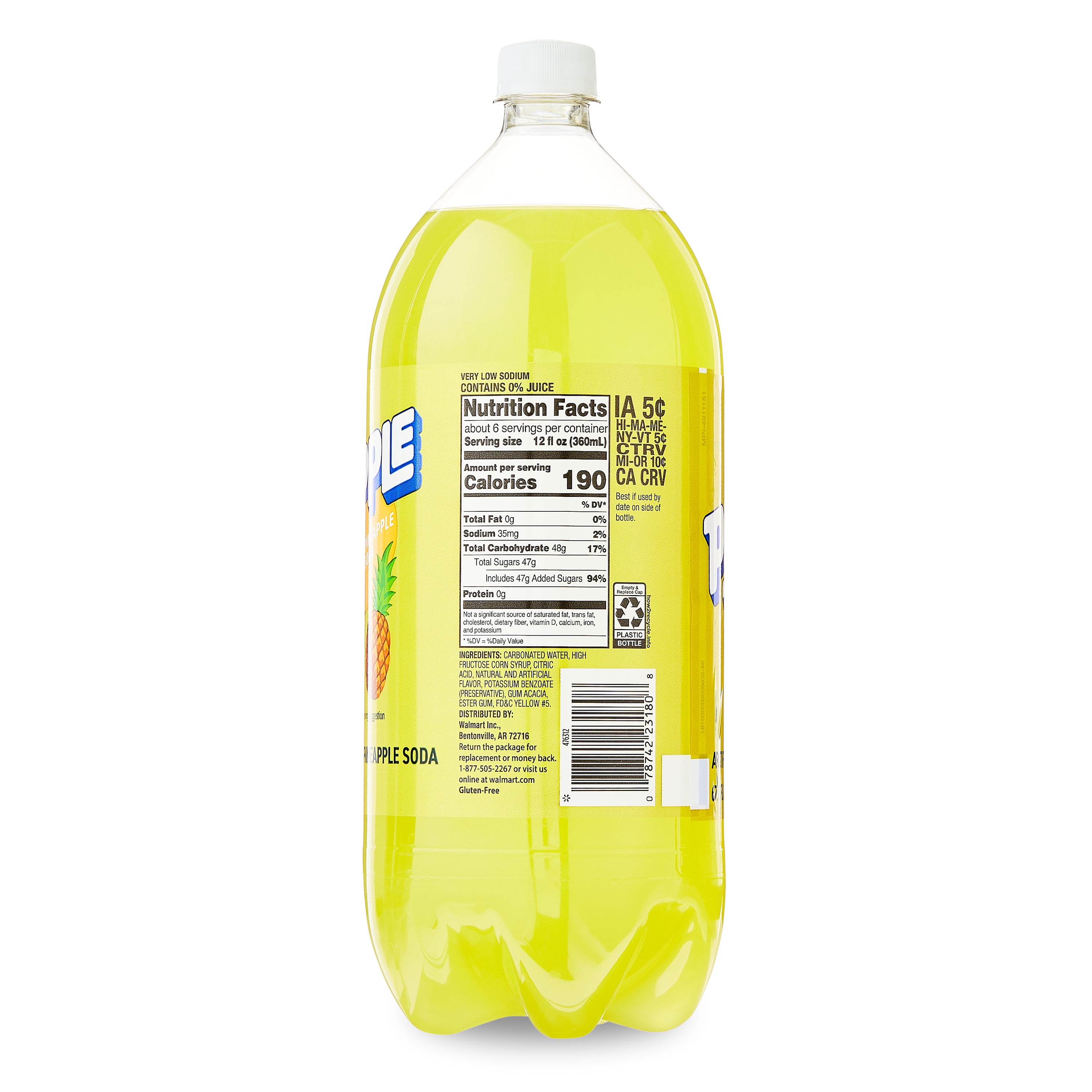 Great Value Pineapple Soda, 2 Liter Bottle