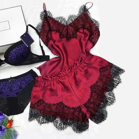 jobturf Pajamas for Women Set Satin Silk 2 Piece Outfits Spaghetti Strap Lace Tank Tops Elastic Waist Shorts Sets Csaual Cute Pjs Loungewear Sleepwear