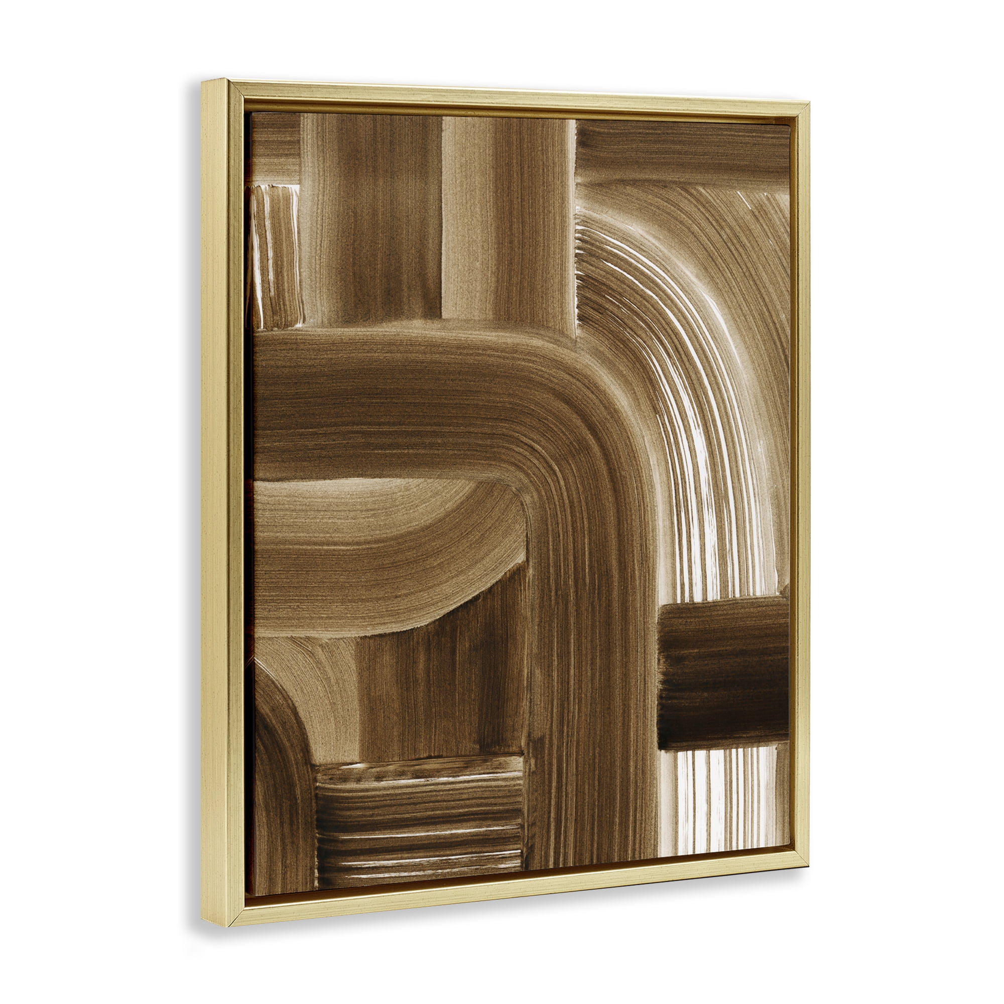 Stupell Industries Brown Curved Paint Strokes Abstract Painting Gold Floater Framed Canvas Art Print Wall Art, 17 x 21