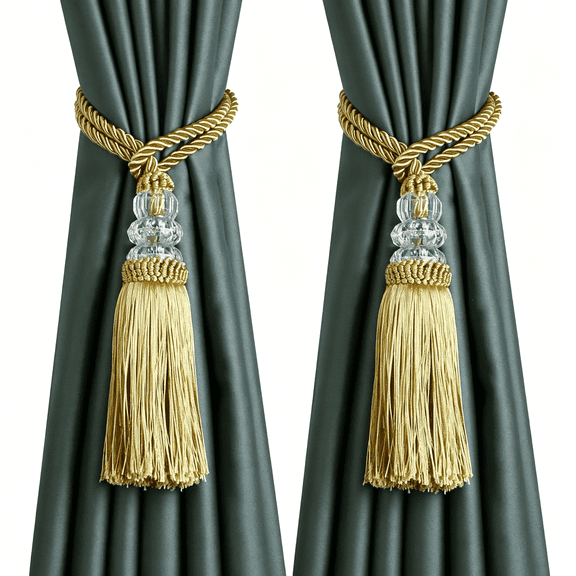 AUQ 2 Pack Gold Curtain Tiebacks with Tassel, Hand-Woven Rope Holdbacks