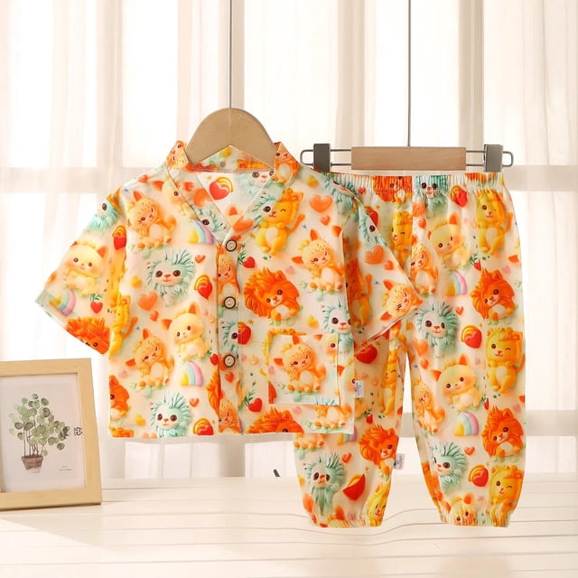 Conjunto de pijamas de seda para niños, traje de aire acondicionado de algodón Artificial de verano, ropa de hogar de seda de algodón para niños, conjunto de dos piezas para niños Cl