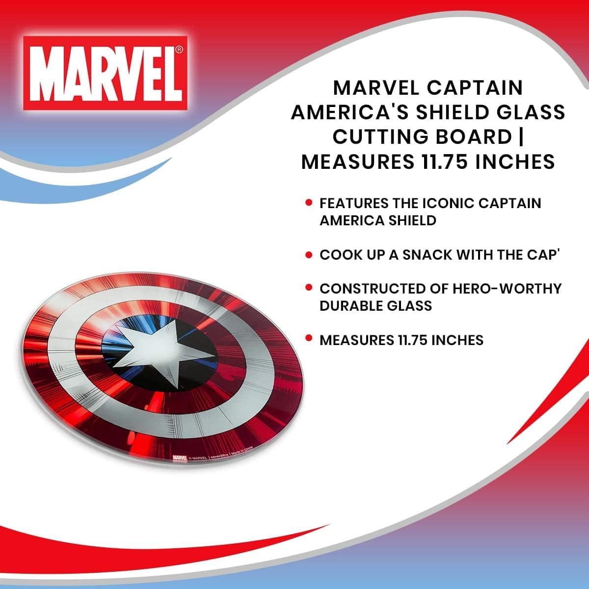 Marvel Avengers Captain America Shield Replica Cutting Board - 11 3/4 inch Round - Tempered Glass With Non-Slip Feet - Officially Licensed - Kitchen Decor Gift for Adults, Men, Women, Father's Day