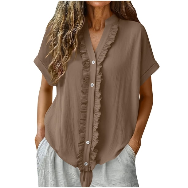 Tops de Manga Larga de Encaje para las Mujeres Más Tamaño Botón Cuello en V Color Sólido Suave Y Transpirable Blusa para Uso Diario Informal