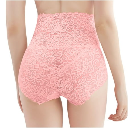 Ashirexll Womens Underwear Plus Size Solid Color Lace Pattern High Waist Breathable Comfortable Panties for Women Pink L