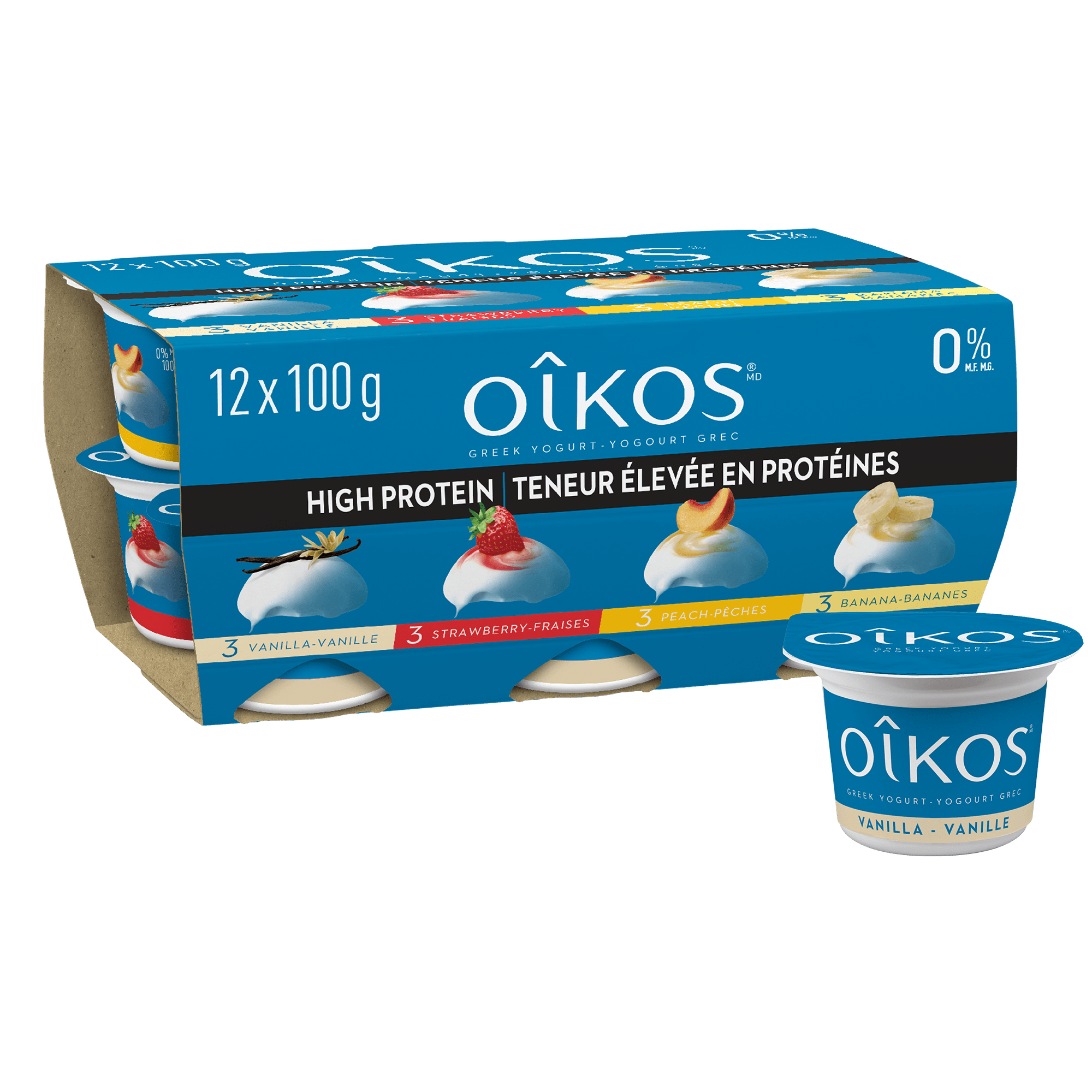 OIKOS 0% Peche/Van/Fraise/Banane 100GX12