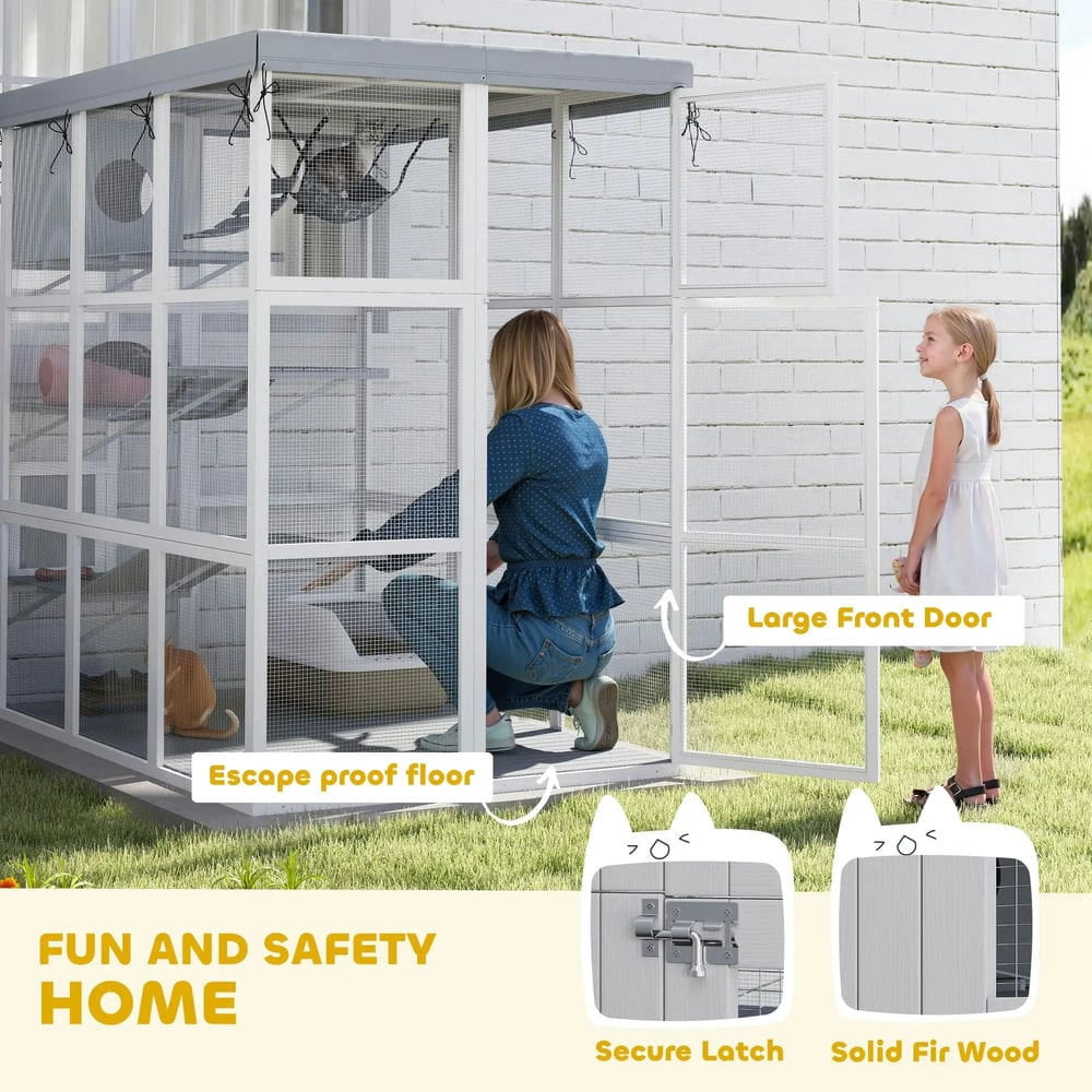 Topcobe Large Outdoor Catio Cat Enclosure with Hammock, Condo, Jump Platforms, Ladders, Ramps, Tarp, for 2-4 Large Cats, Outside Pet Shelter, Small Animal Habitat, Gray