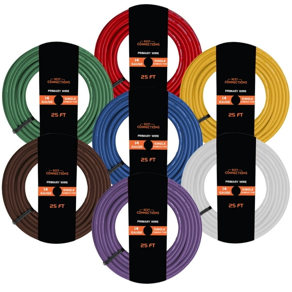 BEST CONNECTIONS 14 Gauge Automotive Primary Wire Bundle Set (25 Ft Rolls, 7 Rolls) Durable Primary/Remote, Power/Ground Electrical Wiring for Trailer, Car Audio, Lighting Circuits– 175FT TOTAL