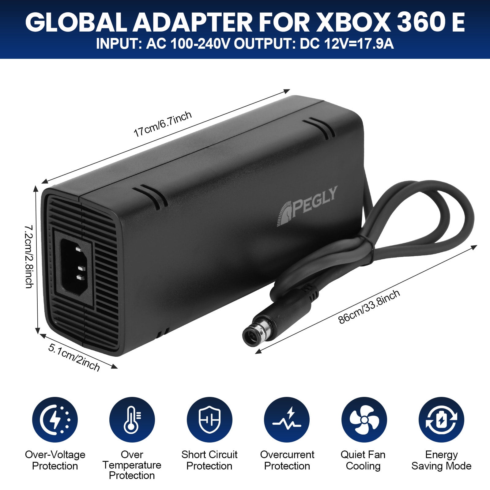 PEGLY Power Supply for Xbox 360 E, Power Supply Brick with Power Cord, AC Adapter Power for Microsoft Xbox 360 E Console, 100-240V