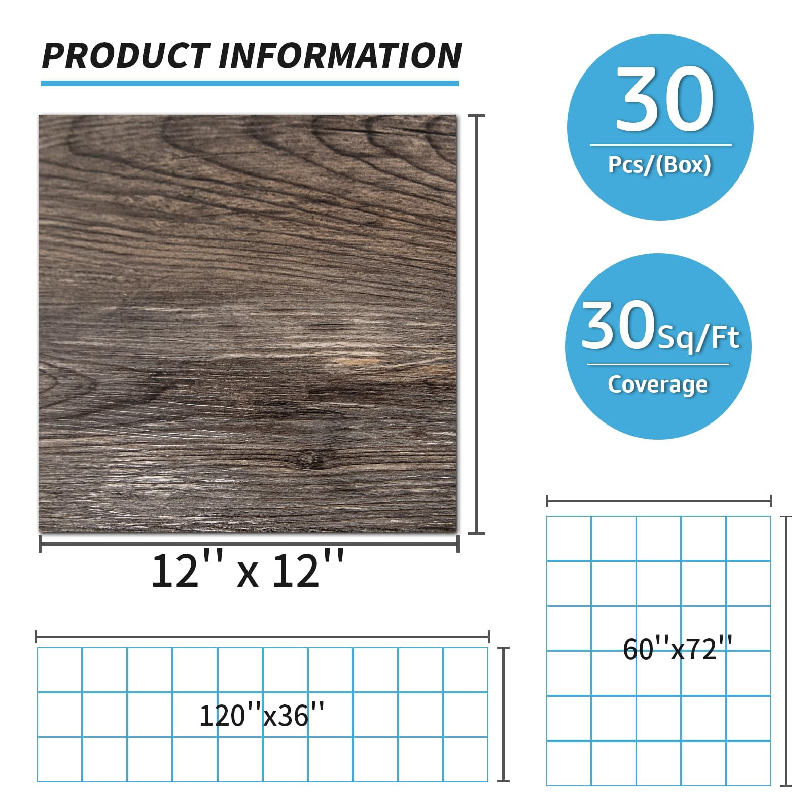Peel And Stick Vinyl Floor Tiles 30-pack 12 X 12 Inch  Self Adhesive Waterproof Flooring Wood Planks For Kitchen Dining Room Bedrooms Cover 30 Sq. Ft Dark Brown Oak