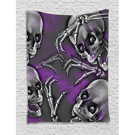 Skull Tapestry Scary Creepy Spooky Happy Smiling Skeleton With Boned Hand Artwork Print Wall Hanging For Bedroom Living Room Dorm Decor Purple Grey