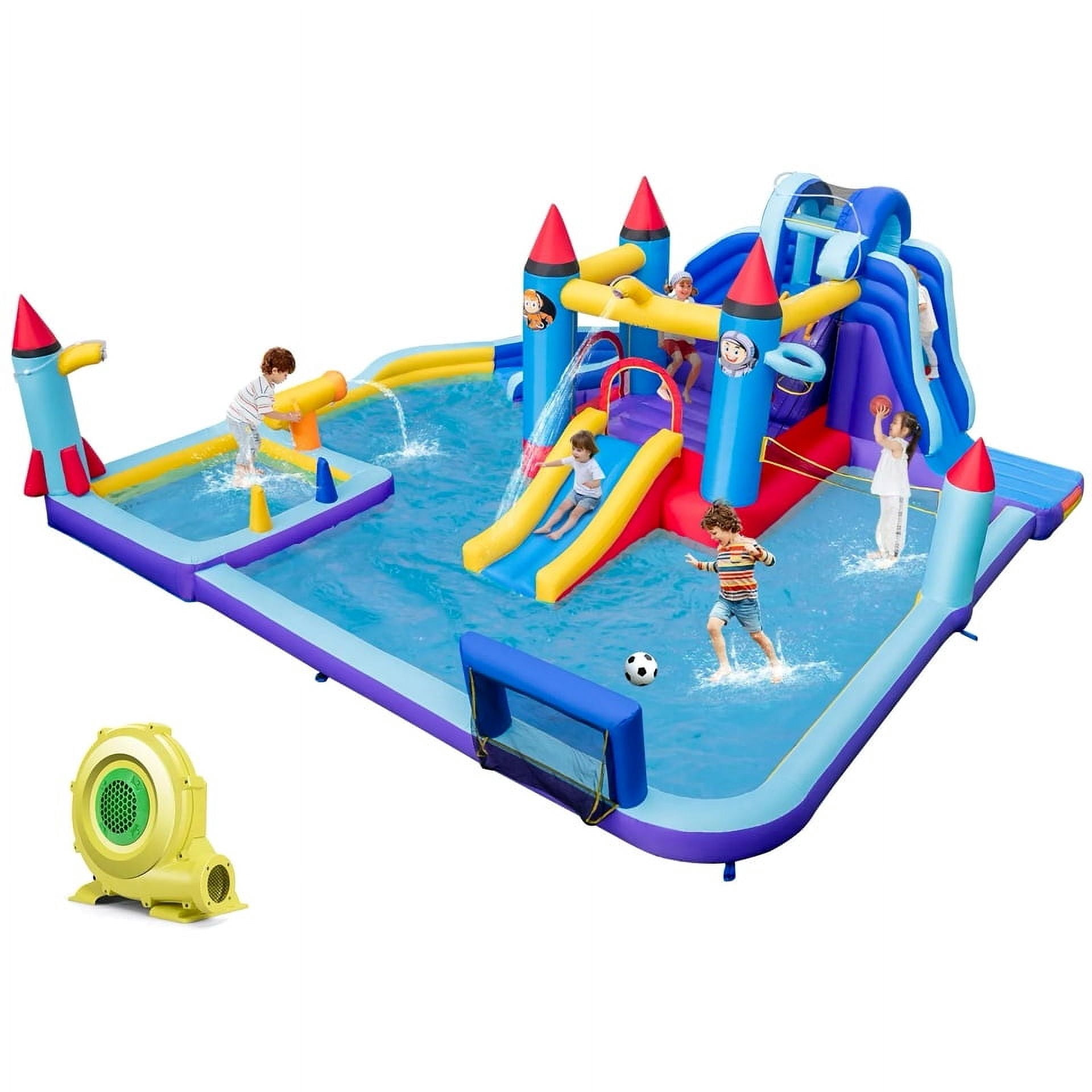 Auranook Rocket Theme Inflatable Water Slide Park w/ 950W Blower 2 Slides Splash Pool
