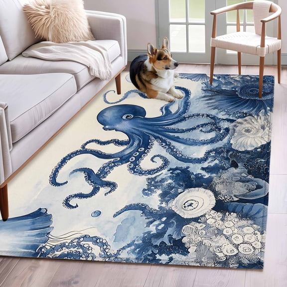 Navy Blue Octopus Area Rug 3x5 Washable Rug Non Slip Summer Beach Shell Coral Large Area Rug Indoor Floor Carpet for Entryway Bedroom Kitchen Living Room Home Office Dining Room Nursery