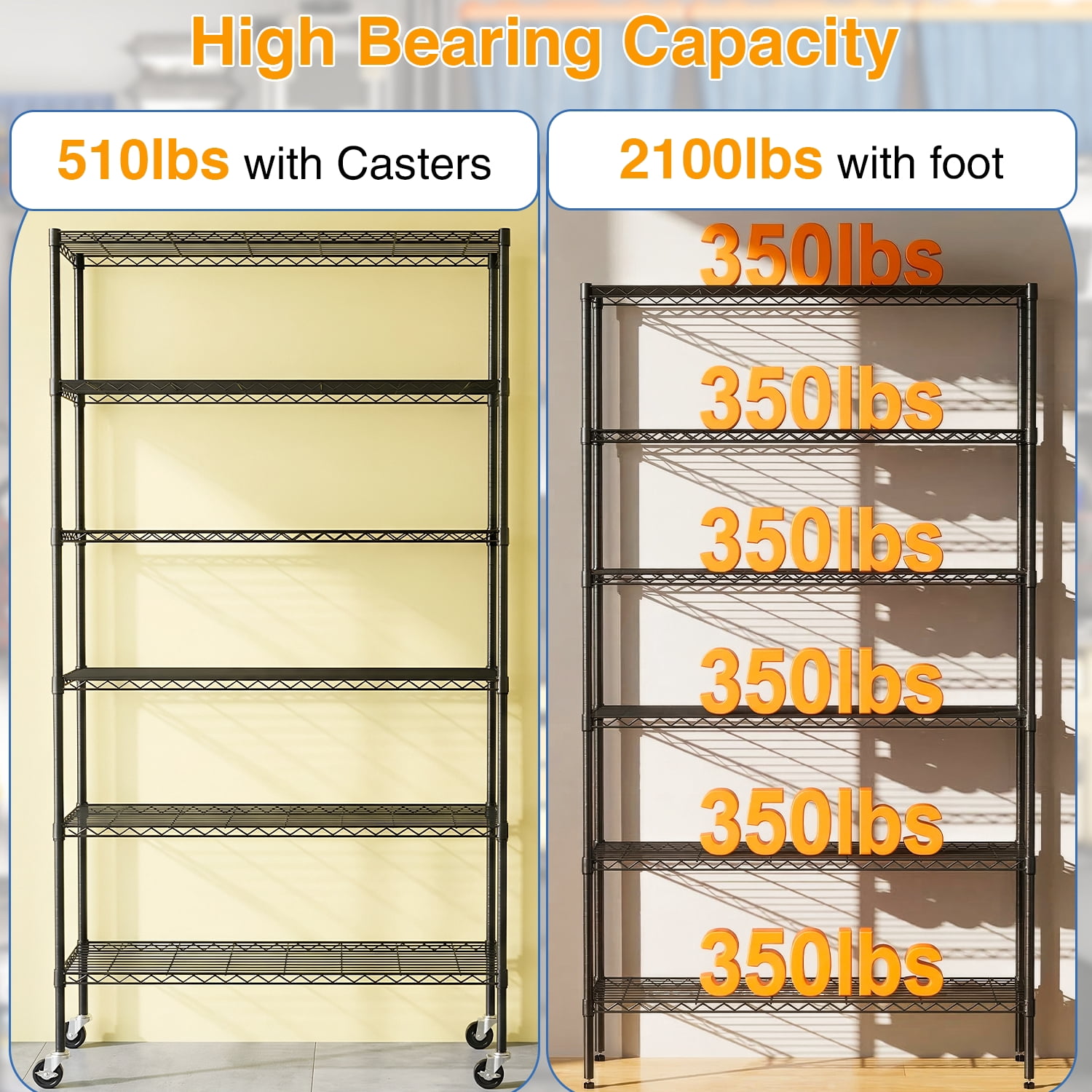 BestOffice 6 Tier Wire Shelving Unit with Wheels 2100LBS Capacity-18x45x82, Black