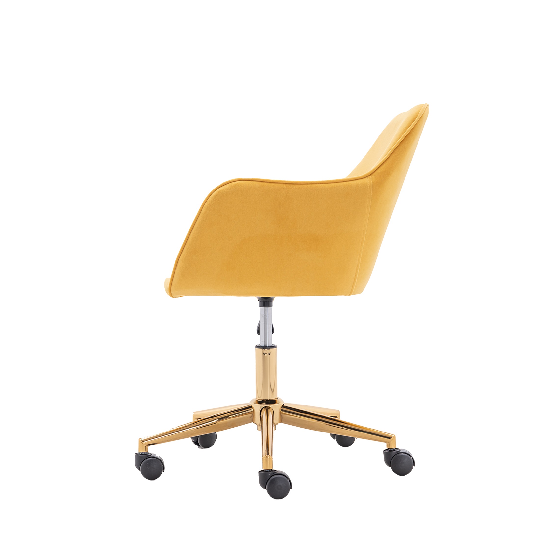 PORKISS Modern Velvet Fabric Office Chair, Height Adjustable 360° Swivel with Gold Metal Legs and Wheels, Yellow