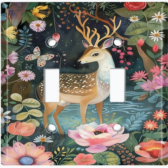 Metal Light Switch Wall Plate Outlet Cover (Deer in Mystic Forest - Double Toggle)
