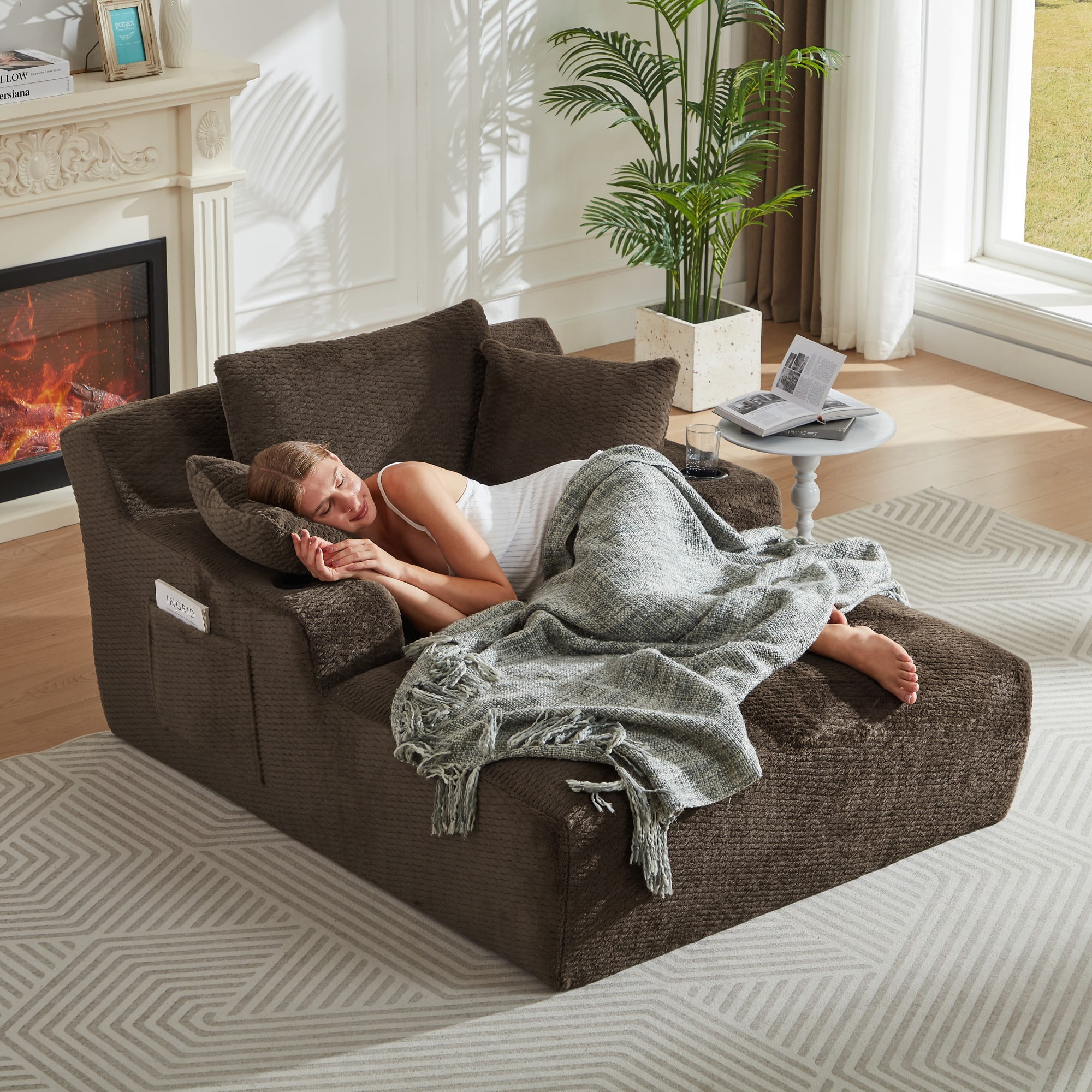Aukfa Oversized Chaise Lounge Chair Indoor, 66" Boneless Sofa Couch with Cup Holders and 3Pillows for Living Room, Dark Brown