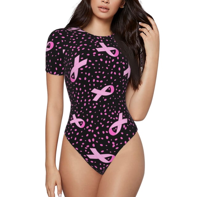 Balery Breast Cancer Awareness3 Body de cuello redondo de manga corta para mujer Tops de manga corta Tops básicos-X-Large