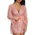 thumbnail image 4 of Women's Lace Trim Long Sleeve Belted Sheer Mesh Sleep Robe Nightgown, 4 of 9