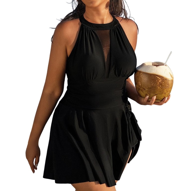 black halter swim dress Swim Lushoire Women's Solid Color Halter Beach Holiday Vacation Dress Holiday Black Summer Tropical