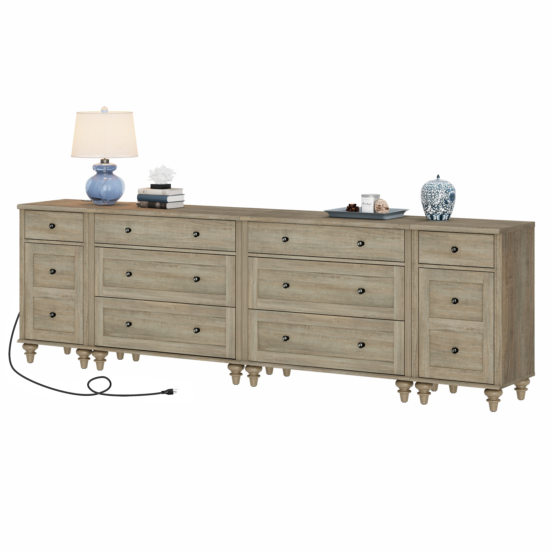 WAMPAT Dresser for Bedroom with 8 Drawers and 2 Storages, Dresser with Charging Station for Living Room, Gray Dressers with Wide 3 Chest of Drawers, for Nursery, Hallway, Wash Grey
