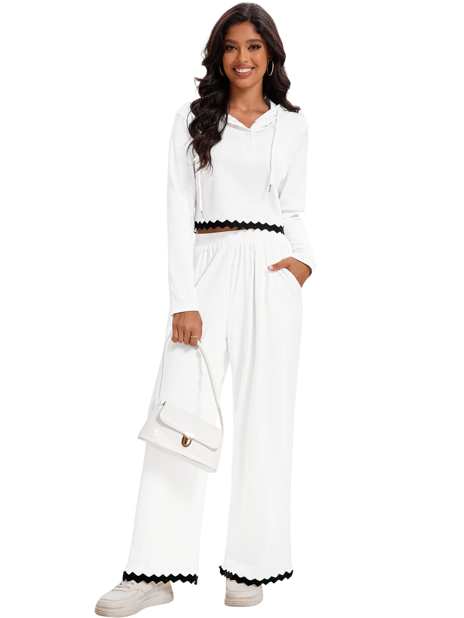 Unique Bargains Two Pieces Sets Hoodie Top Wide Leg Pants Tracksuit S White Black