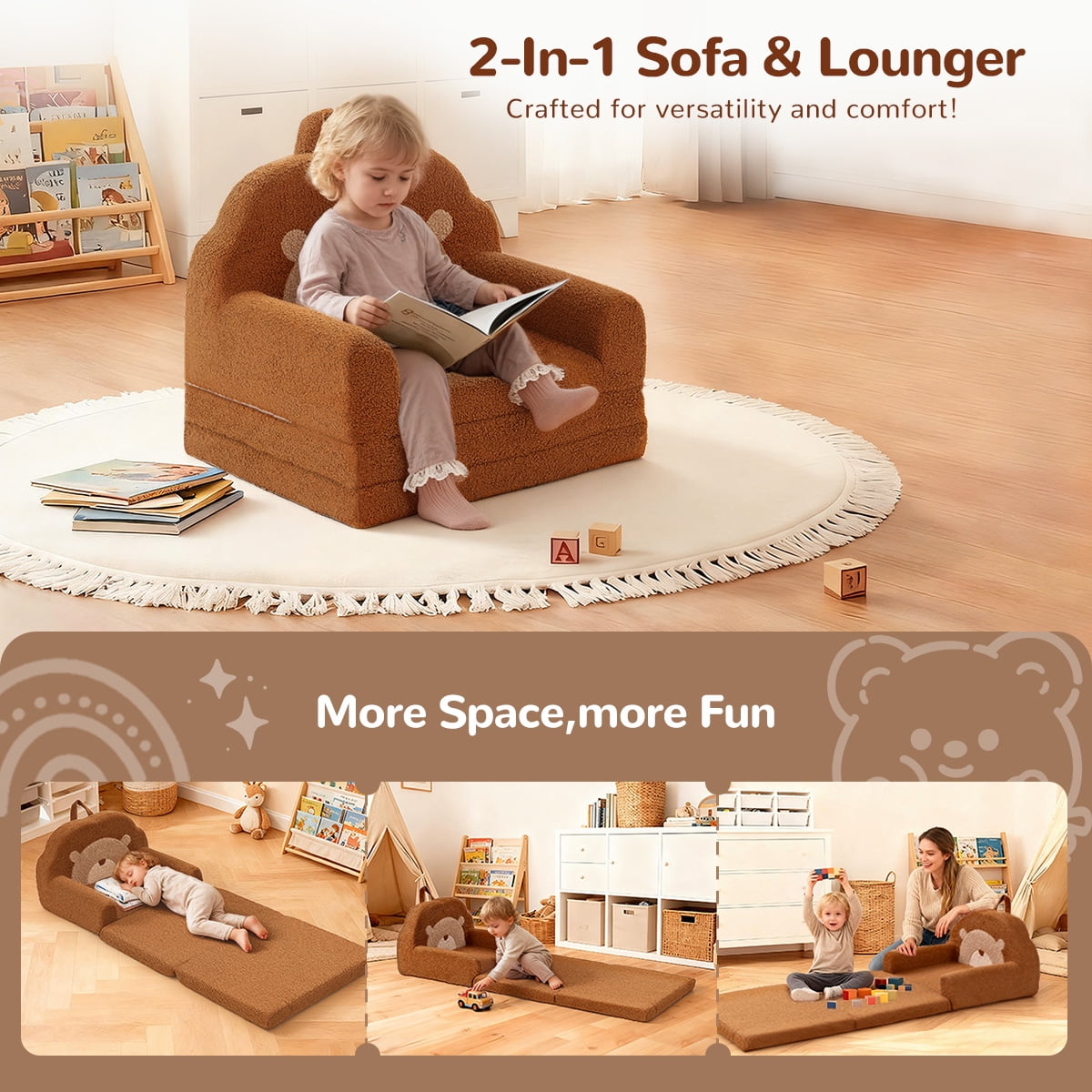 Toddler Sofa, 2 in 1 Kids Couch, Foldable Baby Couch Chair for Boys and Girls Gift, Bear