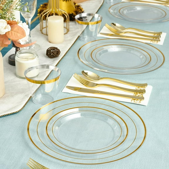 350 Count Clear Dinnerware Set for 50 Guests - Clear Plastic Plates with Gold Rim
