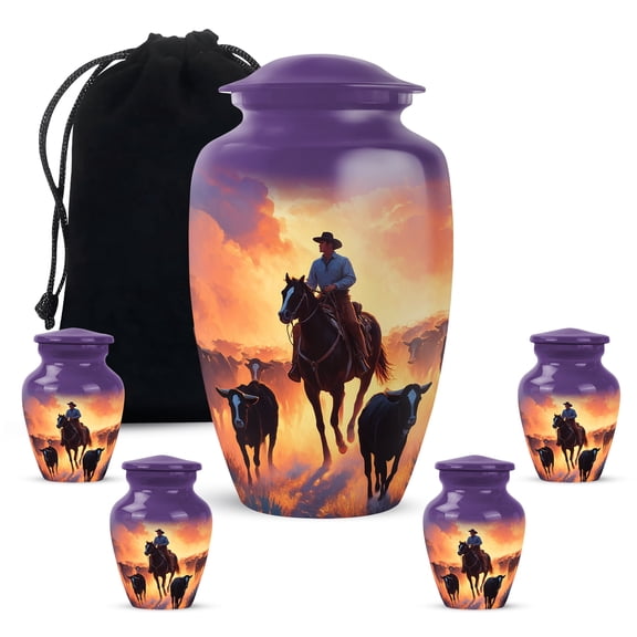 Yatskia Cowboy with Cattle Little Keepsake Urns for Human Ashes Adult Mother and Father, Large Cremation Urn for Ashes Adult Dad, (Classic 10 Inch and 3 Inch)