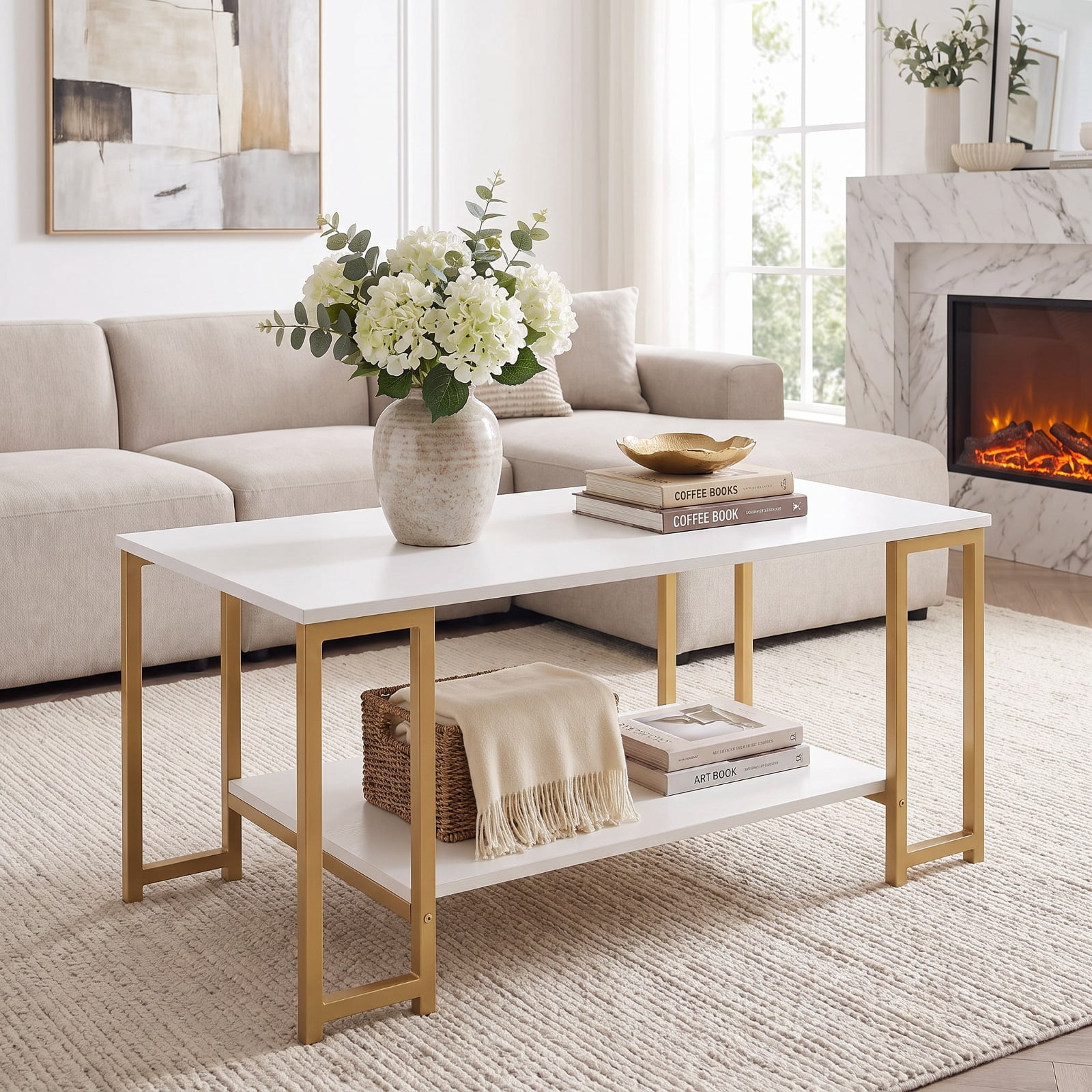 Furnibear Modern 2 Tier Accent Coffee Table with Open Storage Shelf and Metal Frame for Living Room Apartment and Lounge, White