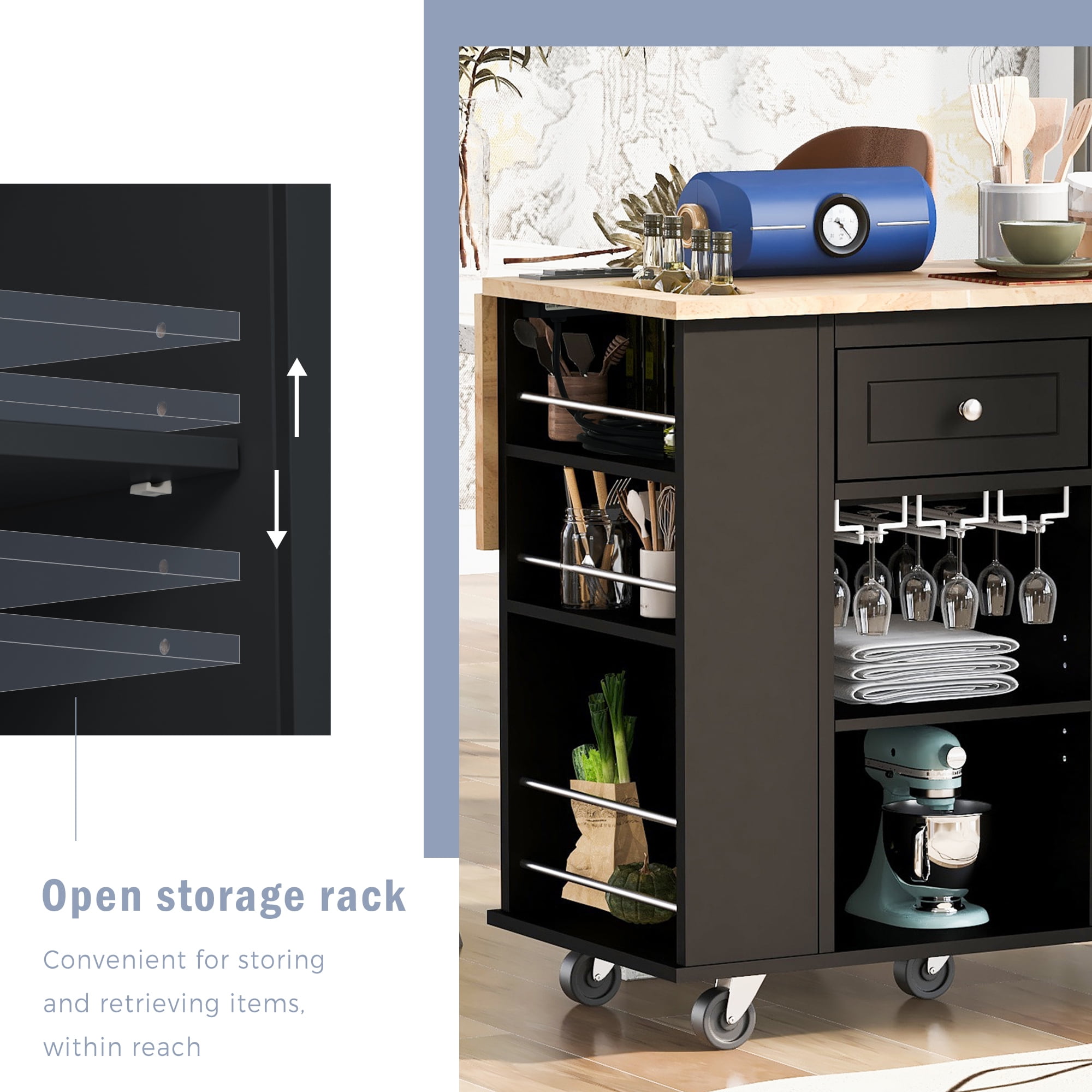 Vastcury 39.8" Kitchen Island Cart on Wheels with Power Outlet, Kitchen Storage Island with Drop Leaf and Wine Rack for Kitchen and Dining Room, Black