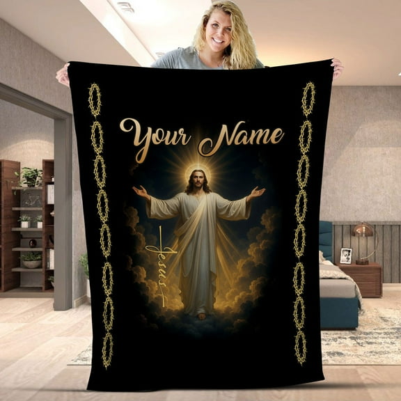 Custom Name Christian Jesus Blanket – Personalized Religious Throw Blanket with Name, Faith and Prayer Home Decor, Inspirational Gift for Believers