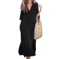 thumbnail image 2 of Lumento Womens Side Slit Maxi Shift Dress V-Neck Loose Dresses Ladies 3/4 Sleeve Cotton Linen Long Dress Black 2XL, 2 of 5