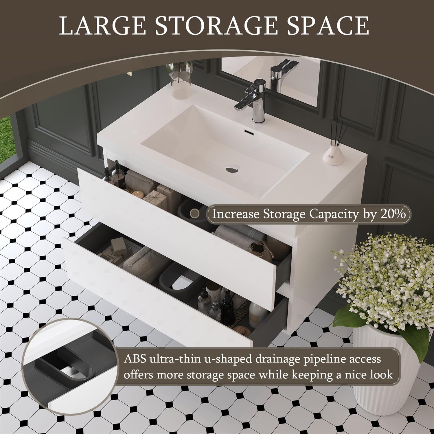 Demi Bonn 36" Floating Bathroom Vanity with Sink, Resin Top Basin and 2 Soft Close Drawers, Faucets and Drains Not Included, White