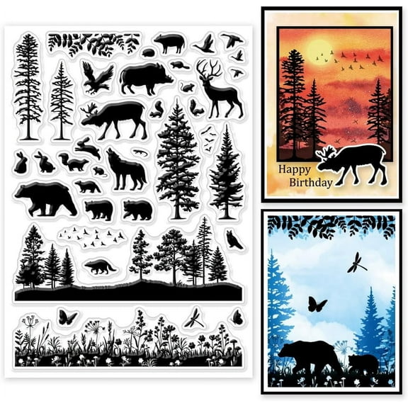 1 Sheet Forest Animal Silhouette Clear Stamps Forest Background Clear Rubber Stamps Plants and Leaves Silicone Stamps for DIY Scrapbooking Photo Album Decorative Cards Making 5.83x8.27inch