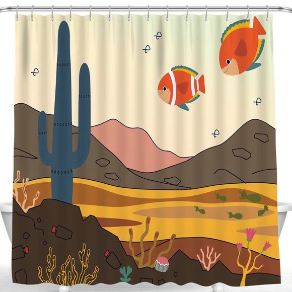 Whimsical Desert Shower Curtain with Blue Cactus & Colorful Fish