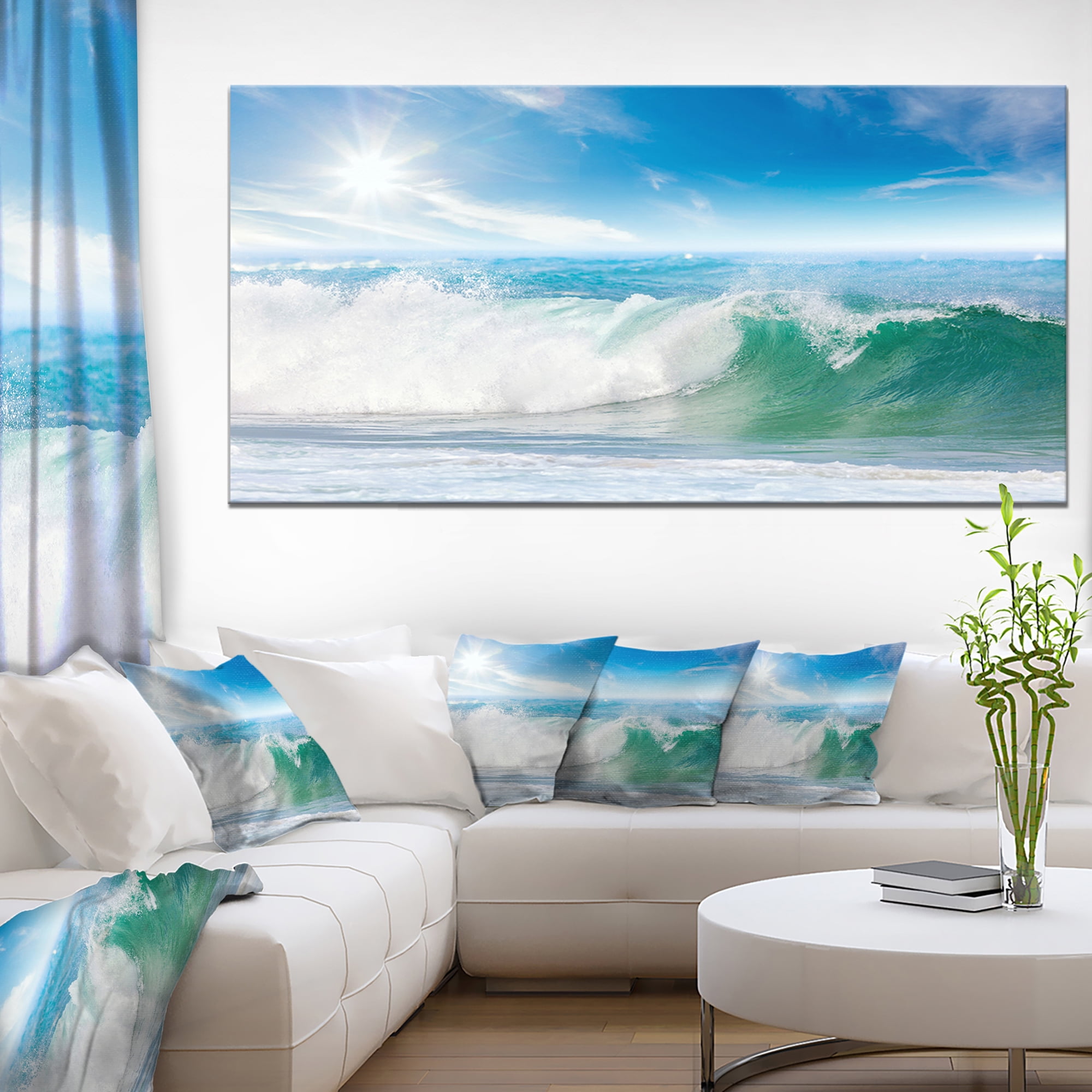 Designart 'White and Blue Waves under Sun ' Seascape Canvas Art Print