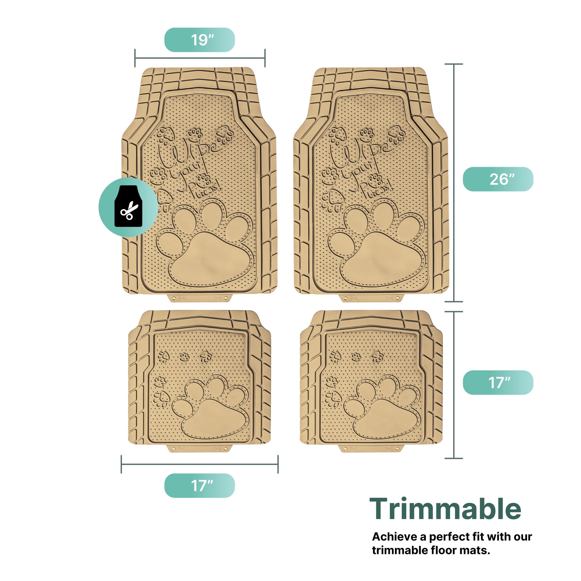 FH Group Universal Fit Adorable Paw Print, Heavy-Duty Rubber Floor Mats for Cars, SUV - Beige Full Set